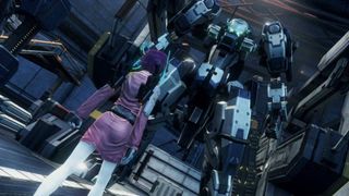 A player character with pink hair and clothes looking up at a Skell in Xenoblade Chronicles X: Definitive Edition.