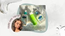 Image of the three skincare products on a white bedsheet, on a white marble background with a blue circle, cream and toner swatches, a pink 'tried and tested' banner and a circular photo of Sennen Prickett with straight brunette and wearing no makeup