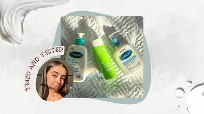 Image of the three skincare products on a white bedsheet, on a white marble background with a blue circle, cream and toner swatches, a pink 'tried and tested' banner and a circular photo of Sennen Prickett with straight brunette and wearing no makeup
