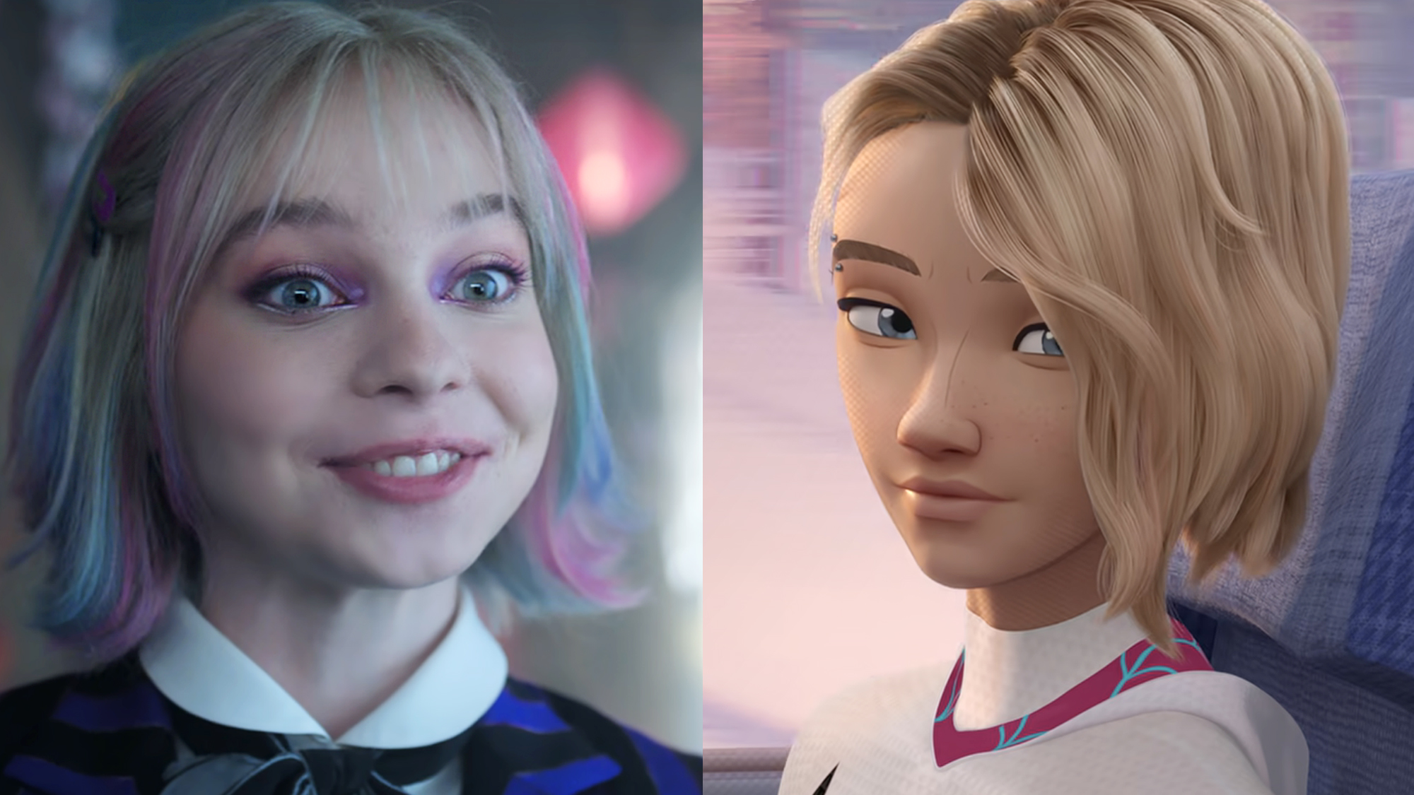 Emma Myers in season 2 of Wednesday, Gwen Stacy/aka Ghost-Spider in Spider-Man: Into the Spider-verse.