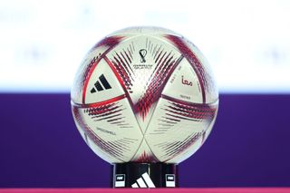 The adidas 'Al Hilm' Official Finals Match Ball is seen ahead of the Argentina Press Conference at on December 12, 2022 in Doha, Qatar.