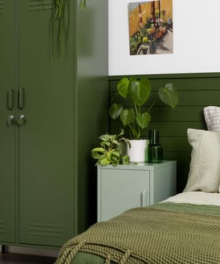 green bedroom with green wardrobe