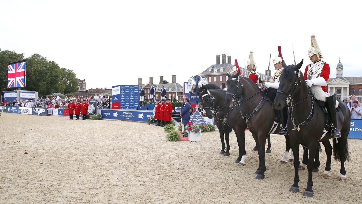 The Podium of LGCT of London. 1st Ben Maher, 2nd Shane Sweetnam, 3rd Darragh Kenny - The Household Cavalry and the Chelsea Pensioners