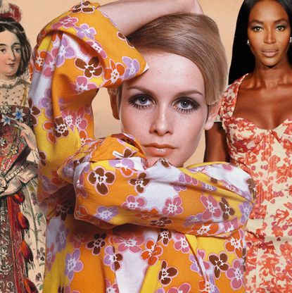 A future graphic of floral prints throughout fashion history featuring Twiggy, Naomi Campbell, and Victorian-era florals