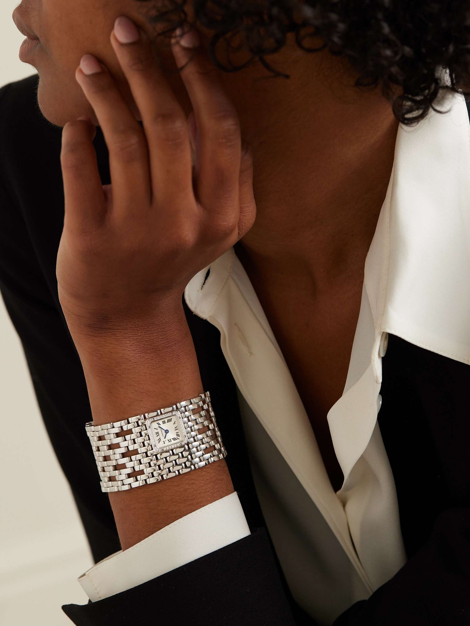 Panth&amp;egrave;re De Cartier Manchette 22mm Rhodium-Finish 18-Karat White Gold and Diamond Watch