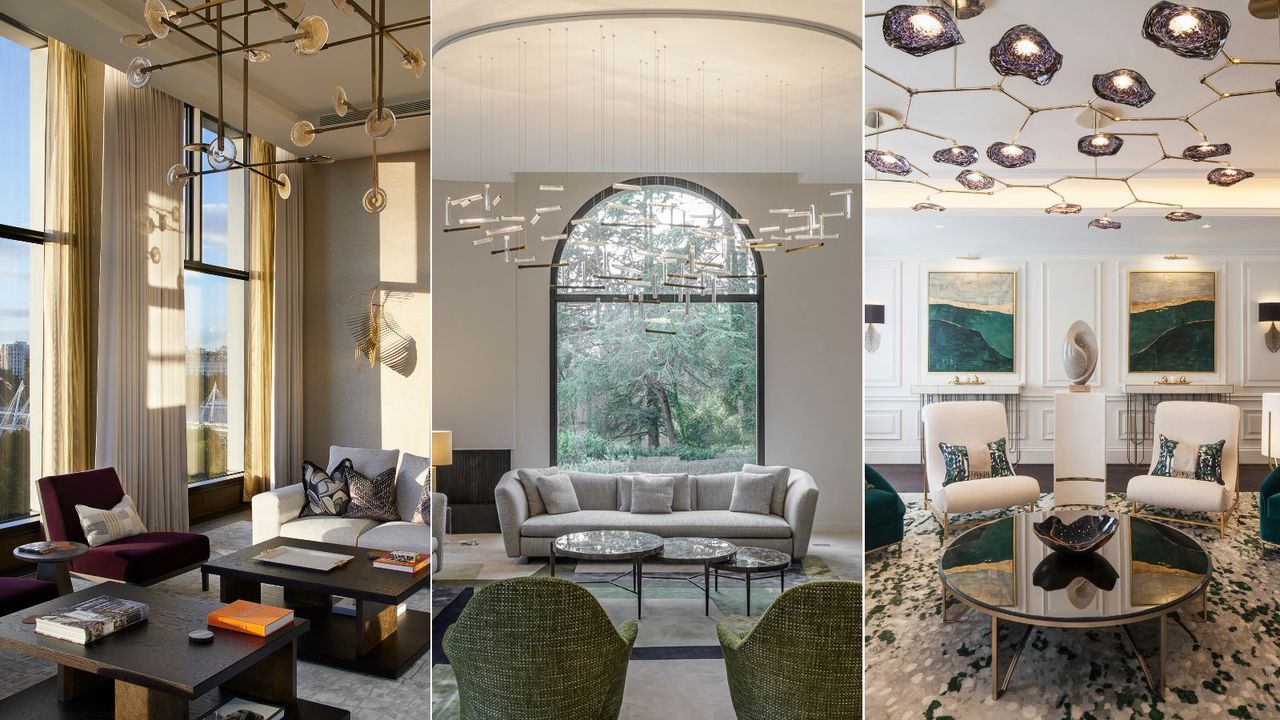 Three bespoke lighting fixtures in three living rooms