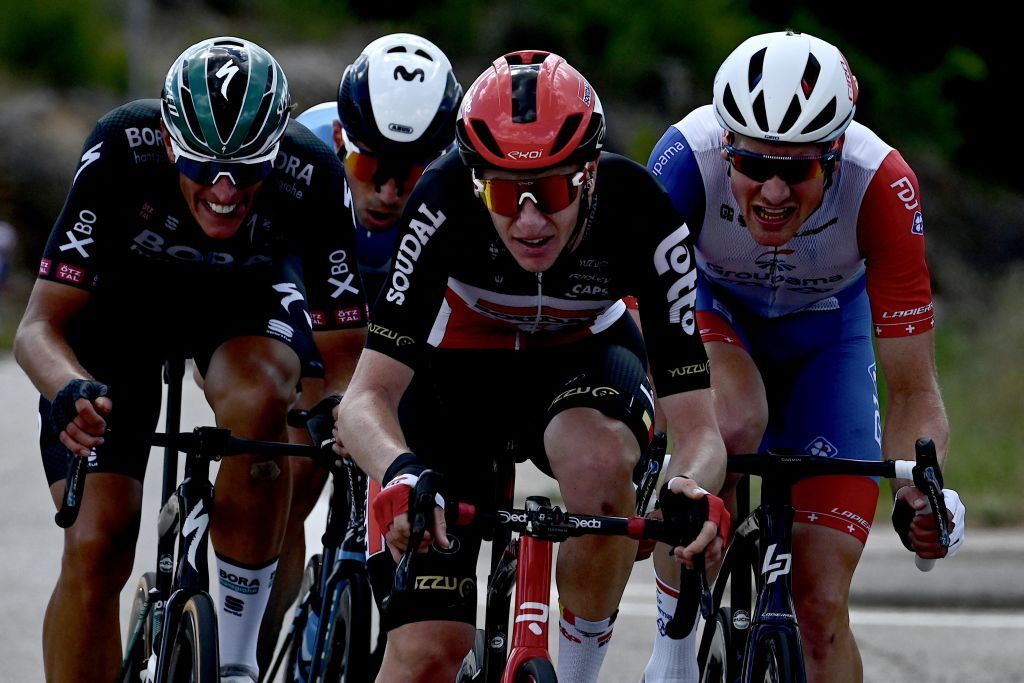 Breakaway riders Team Bora Hansgrohes Nils Politt of Germany Team Movistars Imanol Erviti of Spain Team Lotto Soudals Harry Sweeny of Australia and Team GroupamaFDJs Stefan Kung of Switzerland ride during the 12th stage of the 108th edition of the Tour de France cycling race 159 km between SaintPaulTroisChateaux and Nimes on July 08 2021 Photo by Philippe LOPEZ AFP Photo by PHILIPPE LOPEZAFP via Getty Images