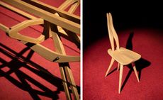 Left: close-up shot of a wooden chair. Right: wide view of the wooden chair