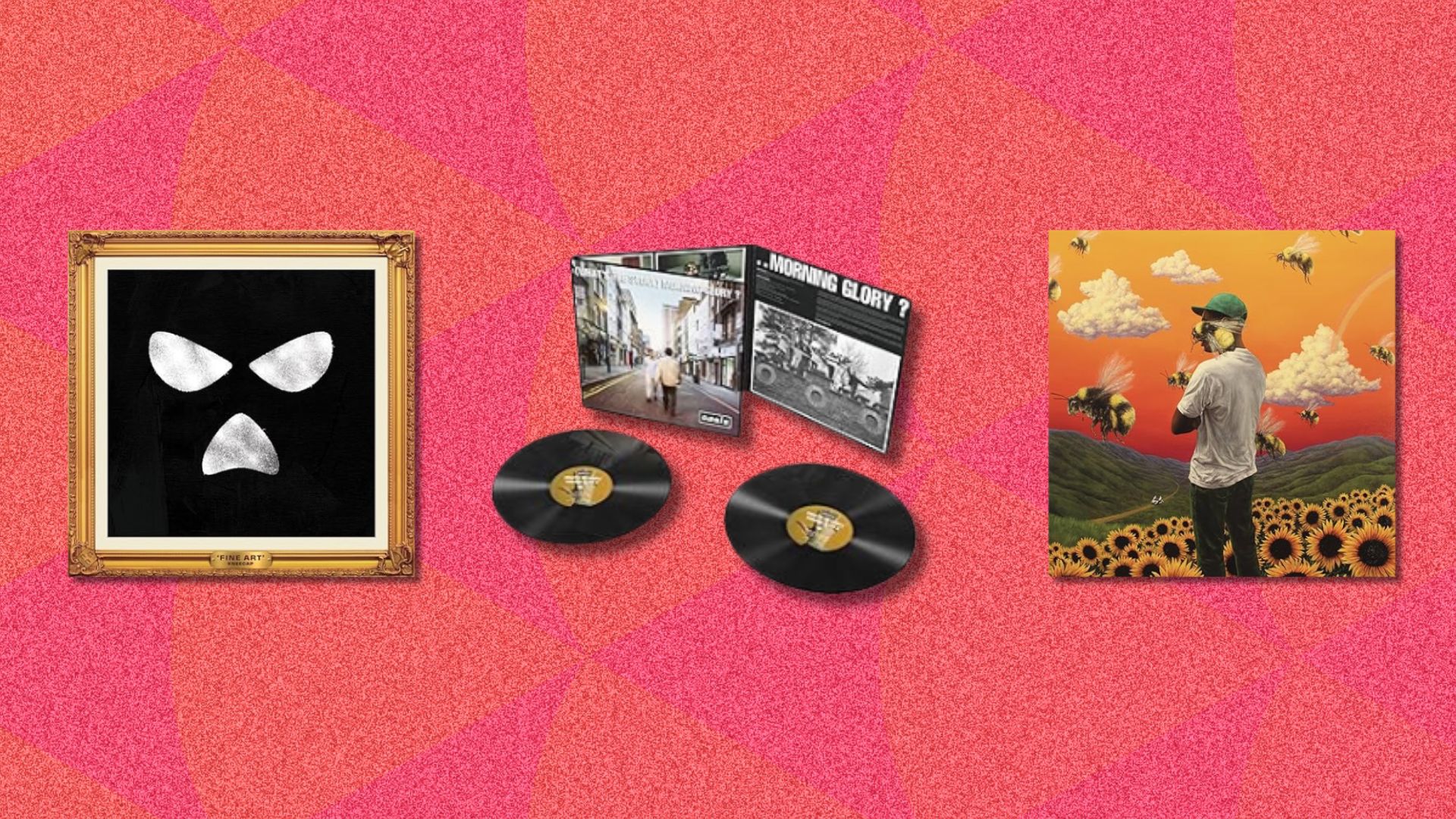 Three Vinyl covers on a pink background including, Kneecap, Oasis and Tyler, The Creator 