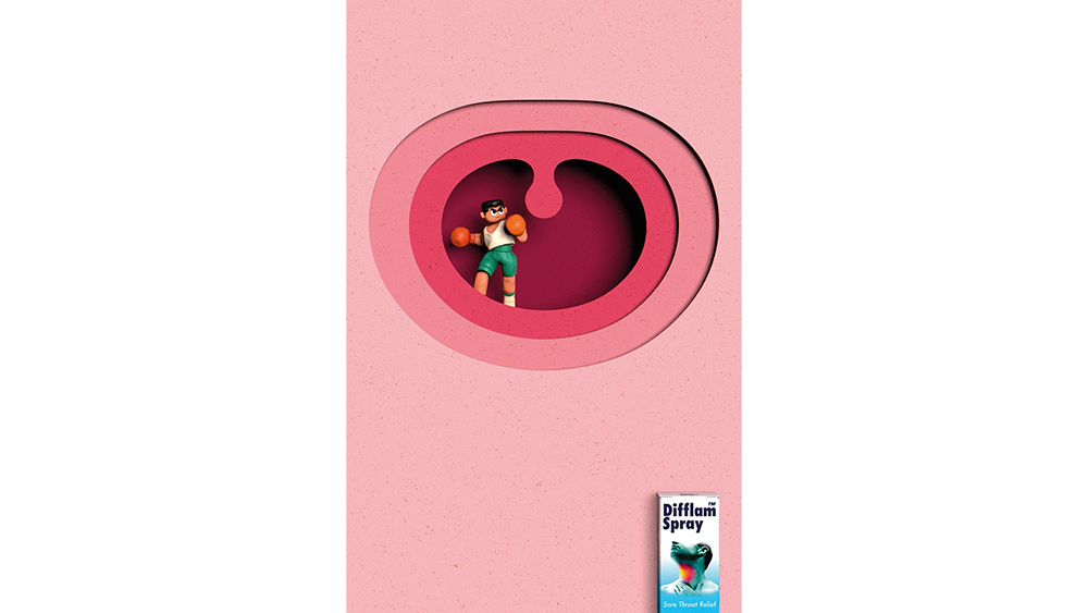 Difflam sore throat ads using a paper cut technique