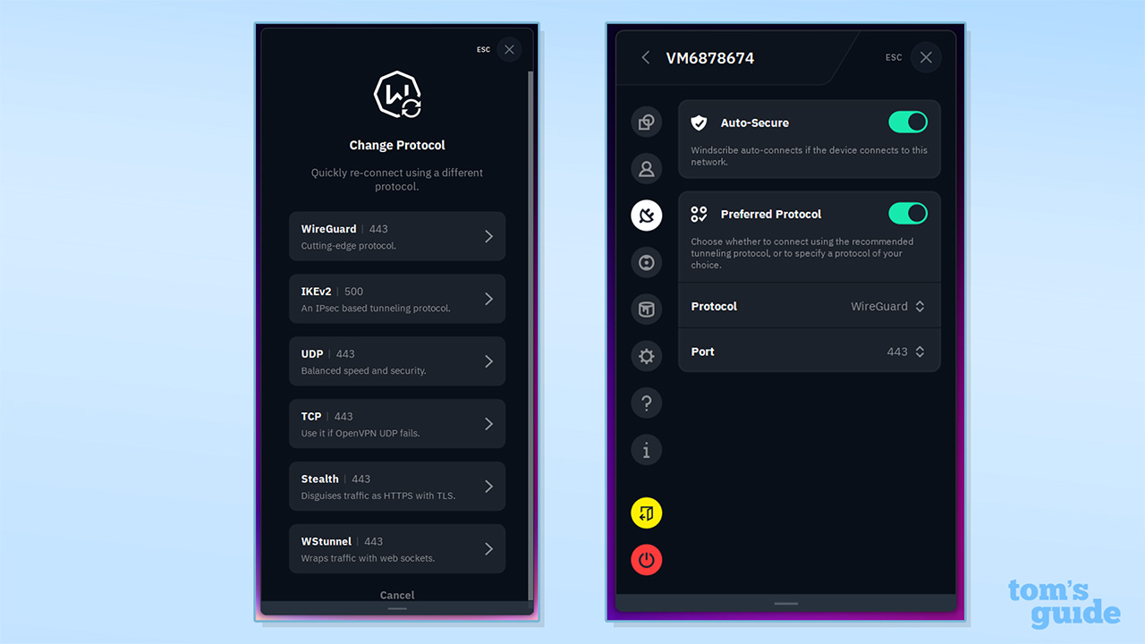 Screenshot of Windscribe VPN protocol settings