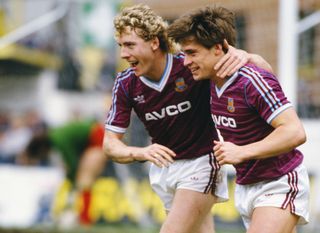 Frank McAvennie and Tony Cottee celebrate the latter's goal for West Ham United against Watford, 1986