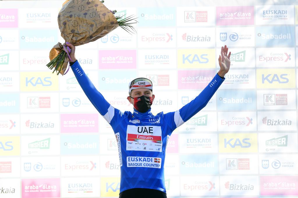 ERMUALDE LAUDIO SPAIN APRIL 07 Podium Tadej Pogacar of Slovenia and UAE Team Emirates Blue best young jersey Celebration during the 60th ItzuliaVuelta Ciclista Pais Vasco 2021 Stage 3 a 1677km stage from Amurrio to Ermualde Laudio 481m Mask Covid safety measures itzulia ehitzulia on April 07 2021 in Ermualde Laudio Spain Photo by David RamosGetty Images