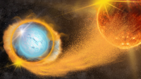 A blue-white orb has an orange ring around it. That ring is connected via dust to a reddish orange orb on the right.