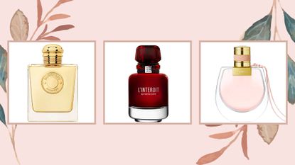 Product shot of burberry goddess, givenchy and chloe nomad, some of the best perfumes for women on a pale background with floral details