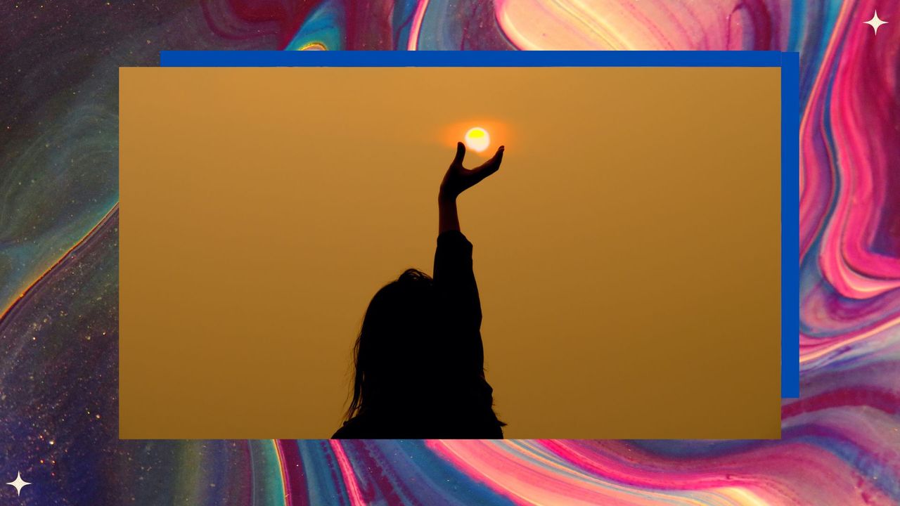 woman&#039;s silhouette reaching towards sun on yellow and multicolored background; meant to symbolize jupiter retrograde 2022&#039;s ambitions