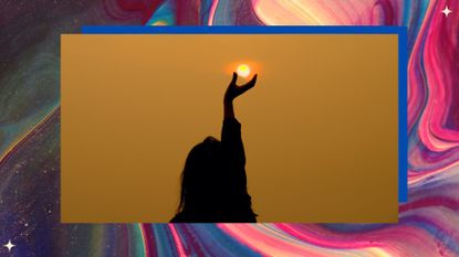 woman&#039;s silhouette reaching towards sun on yellow and multicolored background; meant to symbolize jupiter retrograde 2022&#039;s ambitions