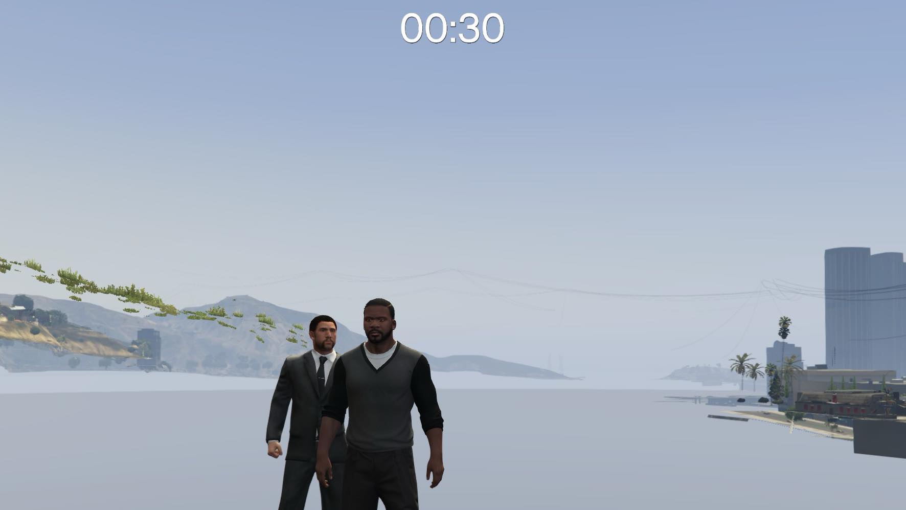 Franklin and his bodyguard, suspended in the void. A 30-second timer hovers overhead.