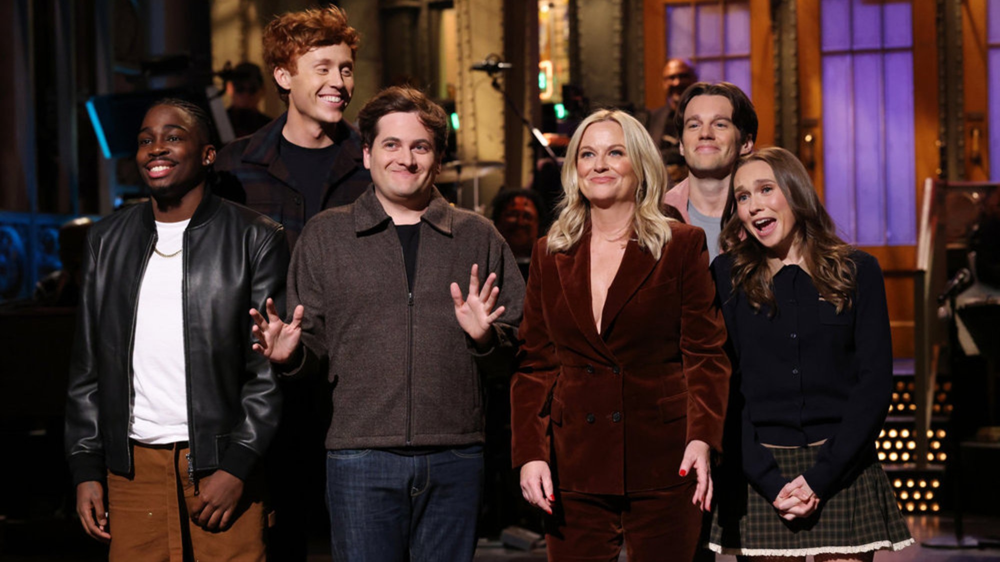 From L to R: Kam Patterson, Ben Marshall, Jeremy Culhane, Amy Poehler, Tommy Brennan, and Veronika Slowikowska during Poehler's opening monologue on SNL.