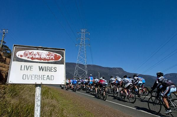 Duck your heads: The peloton on the lowers slopes of the climb at Poatina.