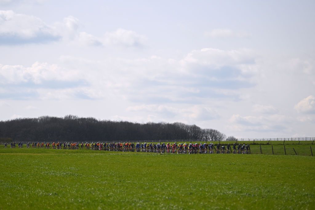 DEINZE BELGIUM MARCH 15 A general view of the peloton competing during the 77th Danilith Nokere Koerse 2023 Mens Elite a 1936km one day race from Deinze to Nokere DanilithNokereKoerse on March 15 2023 in Deinze Belgium Photo by Luc ClaessenGetty Images