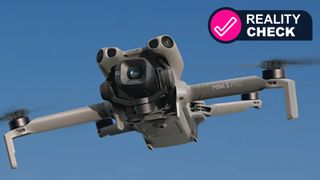 The DJI Mini 5 Pro drone flying in a blue sky