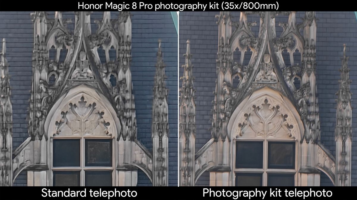 Comparing the Honor Magic 8 Pro's standard telephoto camera to the quality produced by the official photography kit's telephoto extender lens