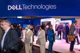 Dell Apex Cloud Platform illustrated by the Dell Technologies logo pictured on a vendor stall at Mobile World Congress 2023