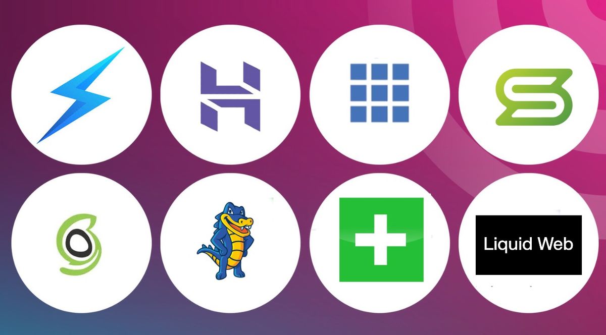 Eight logos of web hosts on a TechRadar style background