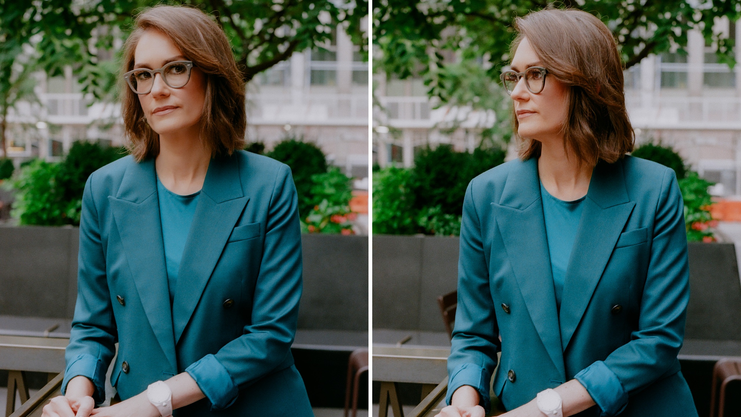 Two portraits of Jessica Tarlov seated outdoors in a teal pantsuit.