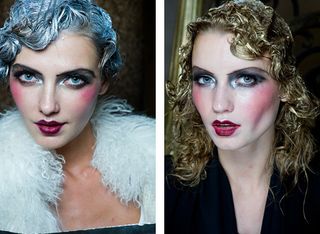 Two models with classical hairstyles and bold heavy make-up