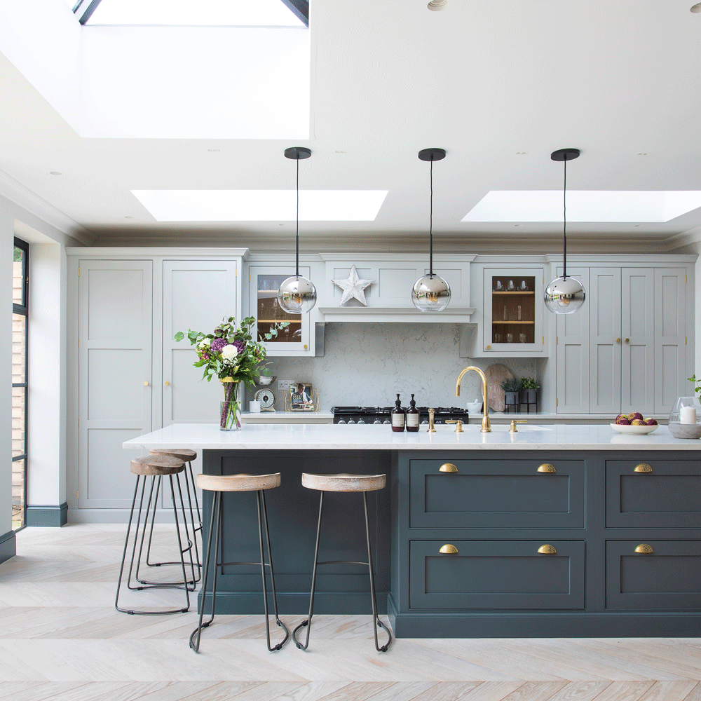 thirties house kitchen with storage and skylights