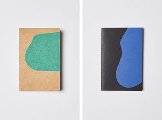 Two notebooks by Kassl Editions for Zara, in beige with green print and black with blue print