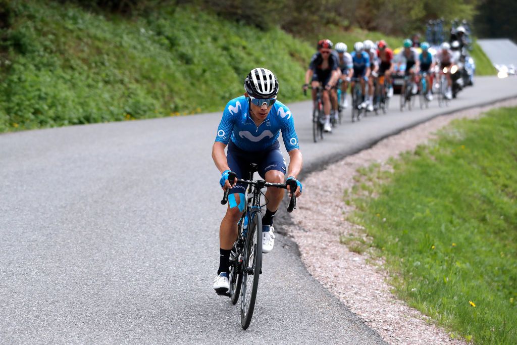 LES GETS FRANCE JUNE 06 Miguel ngel Lpez Moreno of Colombia and Movistar Team attack in breakaway during the 73rd Critrium du Dauphin 2021 Stage 8 a 147km stage from La LchreLesBains to Les Gets 1160m UCIworldtour Dauphin dauphine on June 06 2021 in Les Gets France Photo by Bas CzerwinskiGetty Images