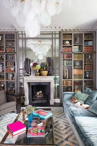 Elegant living room with built in bookcases