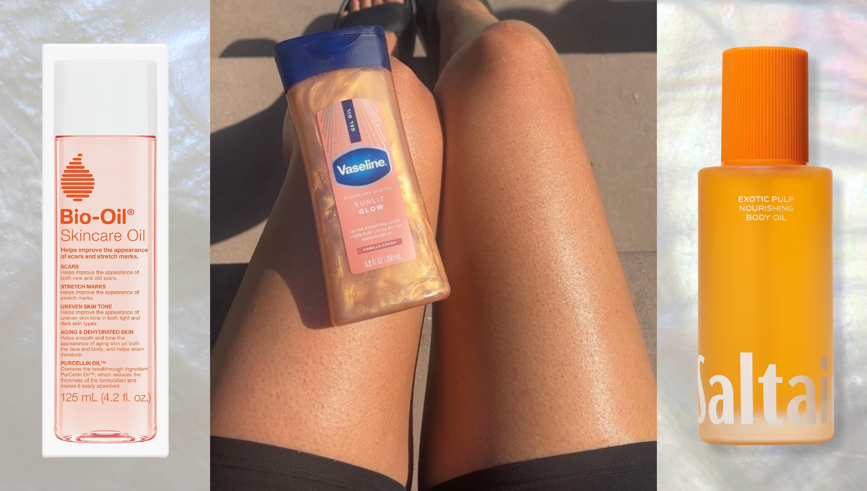 two bottles of drugstore body oils on a silver background next to a woman's legs with a bottle Vaseline body oil on top in the sunshine