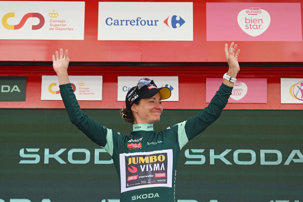 LAREDO SPAIN MAY 06 Marianne Vos of The Netherlands and Team JumboVisma celebrates at podium as Green points jersey winnerduring the 9th La Vuelta Femenina 2023 Stage 6 a 1061km stage from Castro Urdiales to Laredo UCIWWT on May 06 2023 in Laredo Spain Photo by Dario BelingheriGetty Images