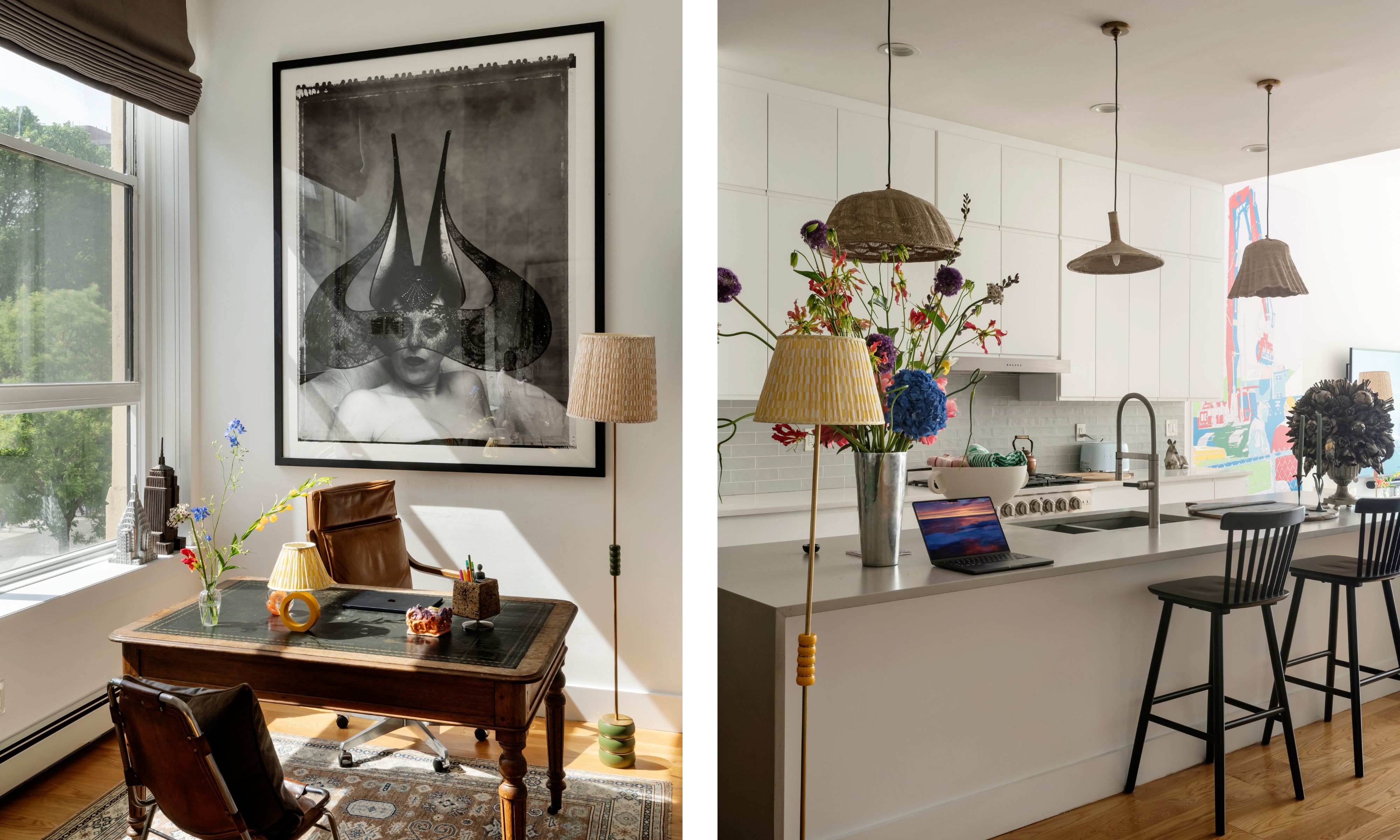 Split image of entryway and kitchen designed by the Nobvogratz