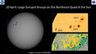 A cluster of sunspots on the sun April 20, 2022, imaged after the sun hurled a strong X-class flare towards Earth.