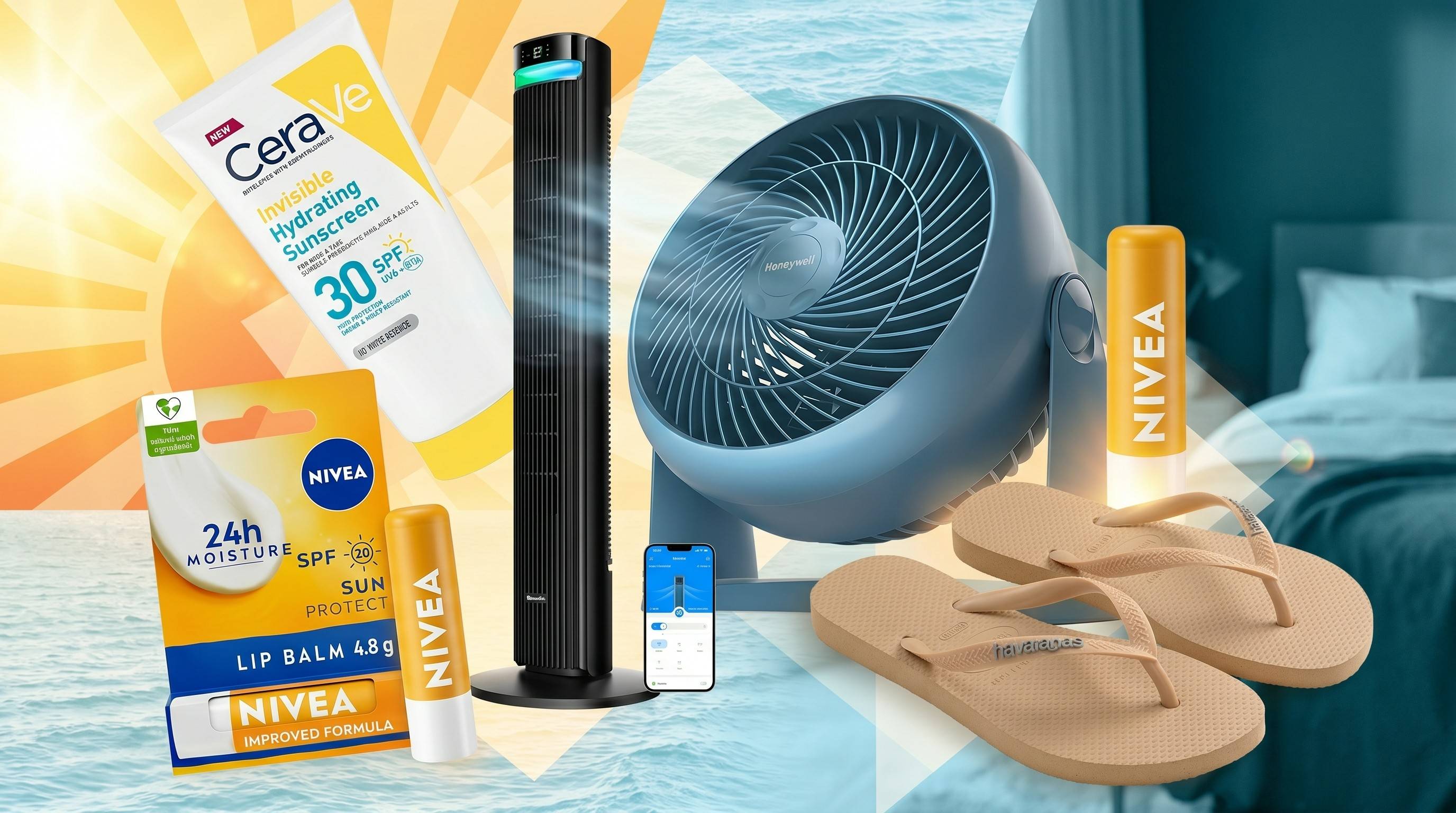 Heatwave products from Nivea, CeraVe, GoveeLife, HoneyWell, Havaianas