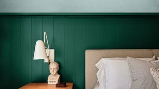 A wall painted in two greeen tones, the bottom half wood panelling, to illustrate the forest green color trend