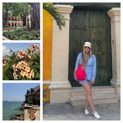 Irina Grechko wearing striped blue collared shirt and matching shorts in Cartagena, Colombia.