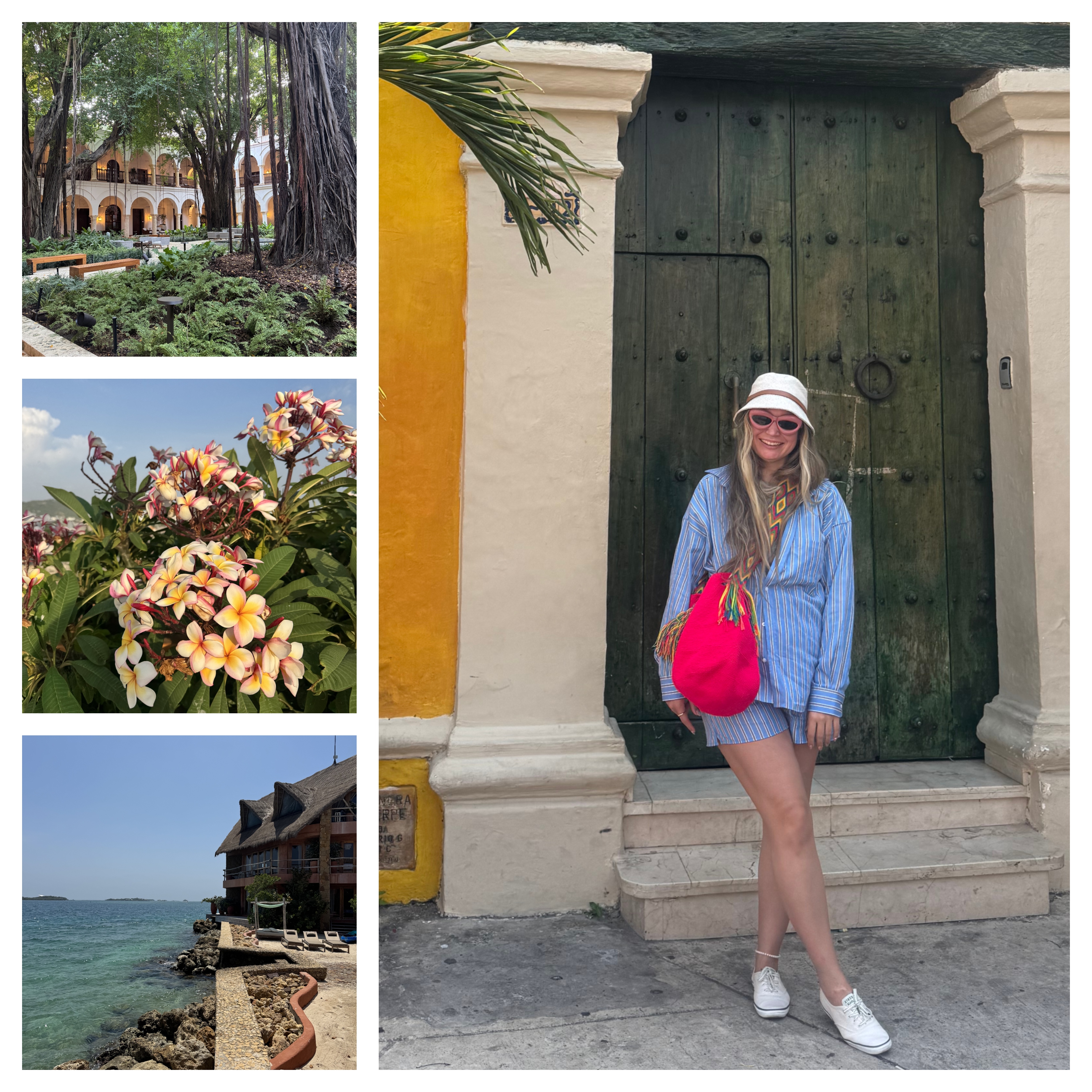 Irina Grechko wearing striped blue collared shirt and matching shorts in Cartagena, Colombia.