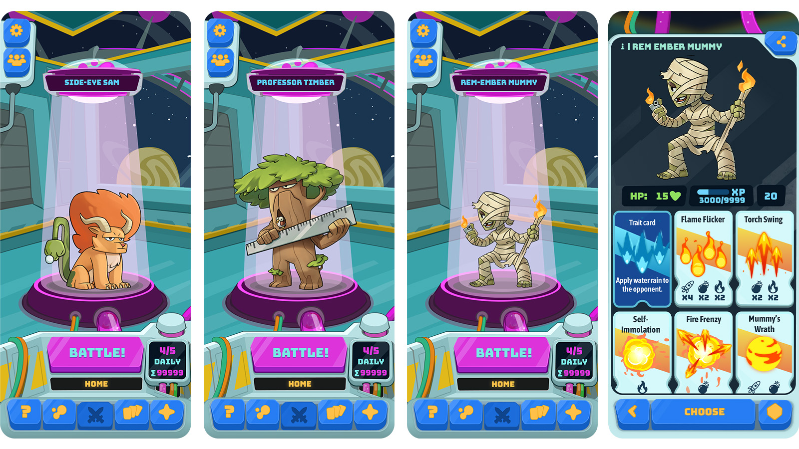 Screens from a cartoon card battle game for iPhone