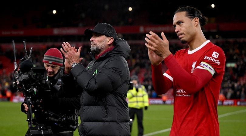 Jurgen Klopp and Virgil van Dijk applaud the Liverpool fans after the Reds&#039; 0-0 draw against Manchester United at Anfield in December 2023.