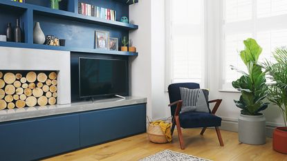 Living room with blue walls and TV recessed into the wall.