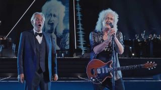 Andrea Bocelli and Brian May onstage