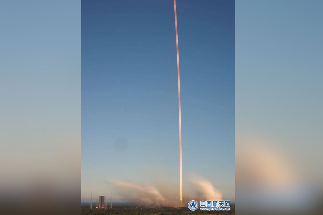 China's first Long March 5B rocket launches the country's next-generation space capsule into orbit on an uncrewed test flight from Wenchang Space Launch Center on Hainan Island in southern China on May 5, 2020.