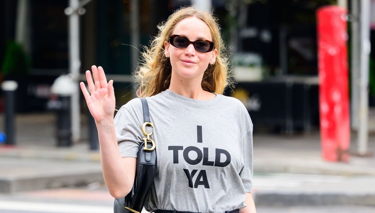 Jennifer Lawrence wears the challengers i told ya t shirt in new york city