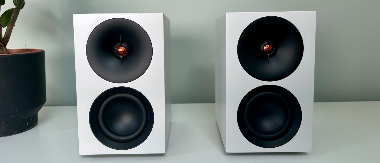 Cambridge L/R S active stereo speaker system, with a silver finish, on a white surface.
